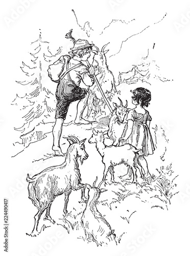 Heidi and Peter, vintage illustration