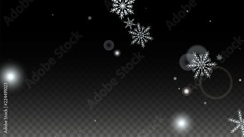 Christmas  Vector Background with White Falling Snowflakes Isolated on Transparent Background. Realistic Snow Sparkle Pattern. Snowfall Overlay Print. Winter Sky. Design for Party Invitation.