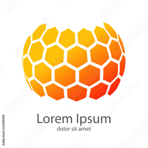 Logotipo honey. Colmena de hexágonos en esfera en color naranja