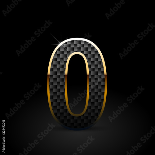 Black carbon fiber number 0 with gold outline isolated on black background