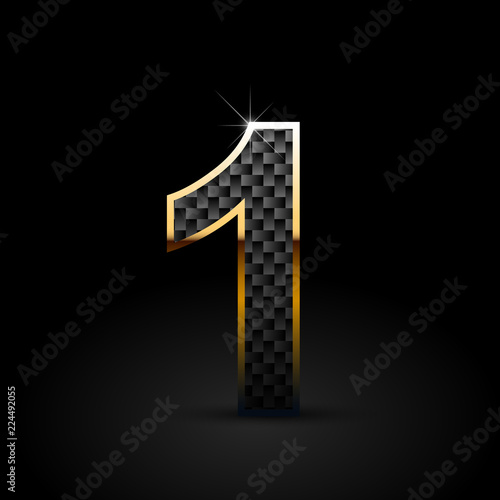 Black carbon fiber number 1 with gold outline isolated on black background