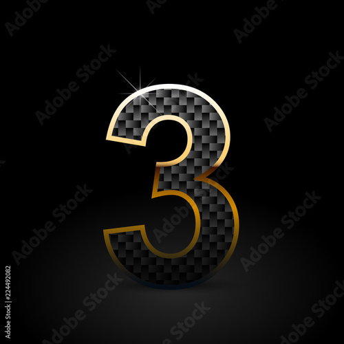 Black carbon fiber number 3 with gold outline isolated on black background