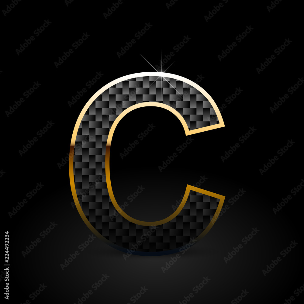 Black carbon fiber letter C uppercase with gold outline isolated on black background Black carbon fiber letter C uppercase with gold outline isolated on black background