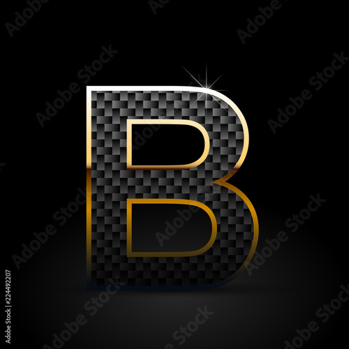 Black carbon fiber letter B uppercase with gold outline isolated on black background