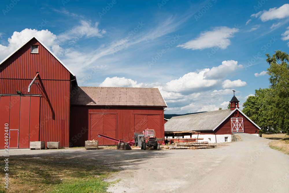 backyard of red farm buildings under blue sky, Hamar, Hedmark, Norway backyard of red farm buildings under blue sky, Hamar, Hedmark, Norway