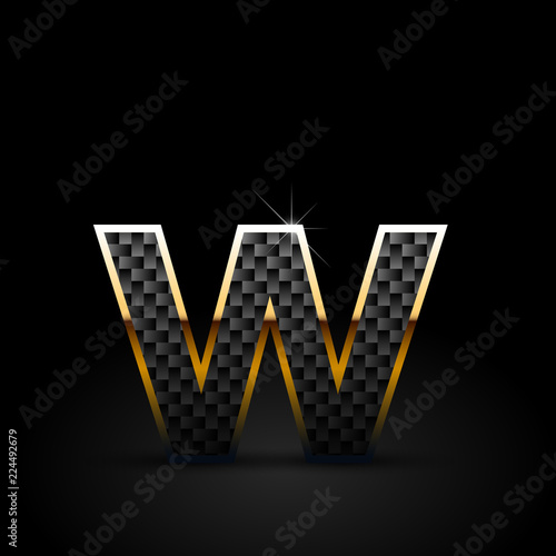 Black carbon fiber letter W lowercase with gold outline isolated on black background