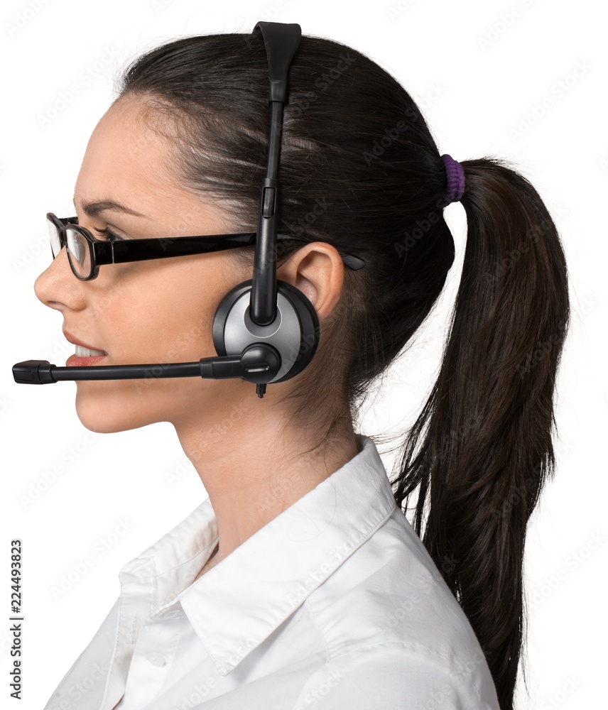 Woman Talking on Headset - Isolated Woman Talking on Headset - Isolated