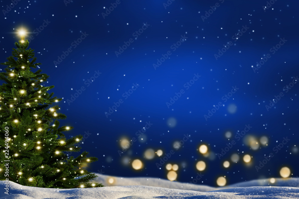 weihnachtsbaum in winterlandschaft, heiligabend hintergrund mit