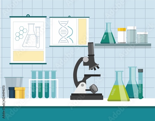 Science laboratory research and development concept. Microscope with test tubes