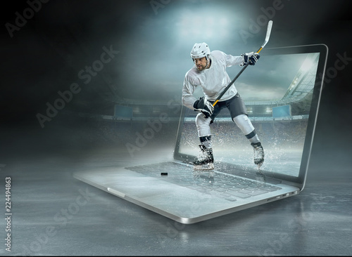 Photography Caucasian ice hockey Players in dynamic action in a professional