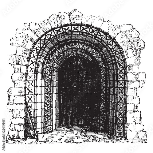 Norman Doorway, norman roman architecture, vintage engraving.