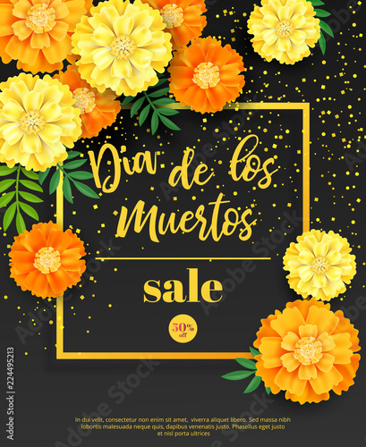 Festive flyer of Day of the Dead sale. Dark background with yellow marigold and golden confetti. Vector illustration for seasonal discount offer.