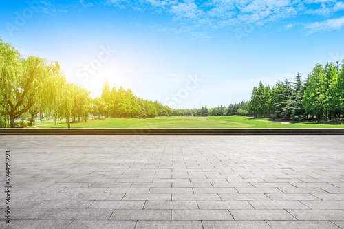 Fototapeta Naklejka Na Ścianę i Meble -  Empty city square floor and green woods scenery