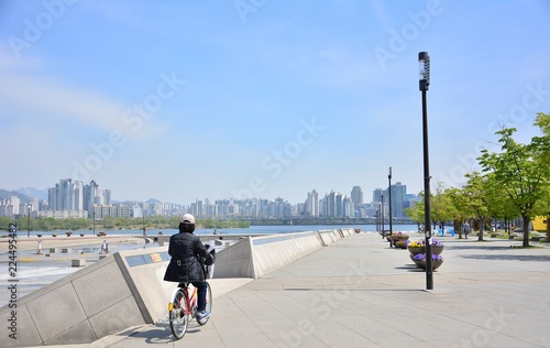 Riding bike to sightseeing along the Han river in Seoul