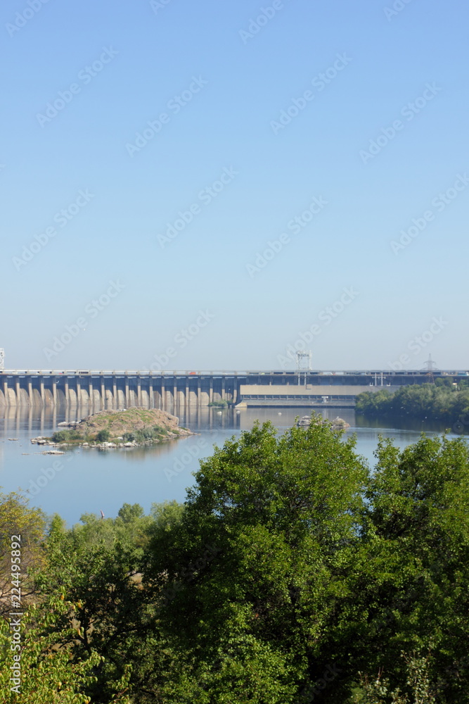DneproGES. Hydroelectric power station on Dnieper River in Ukraine. Creation of electricity on water