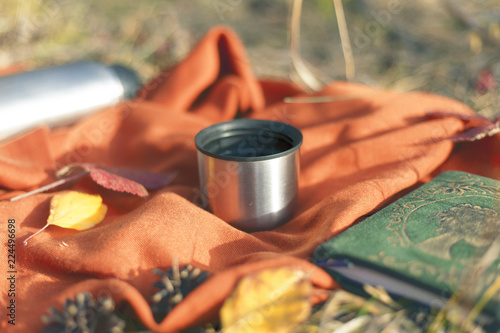  Thermos with hot tea in the forest. Concept picnic in the park.