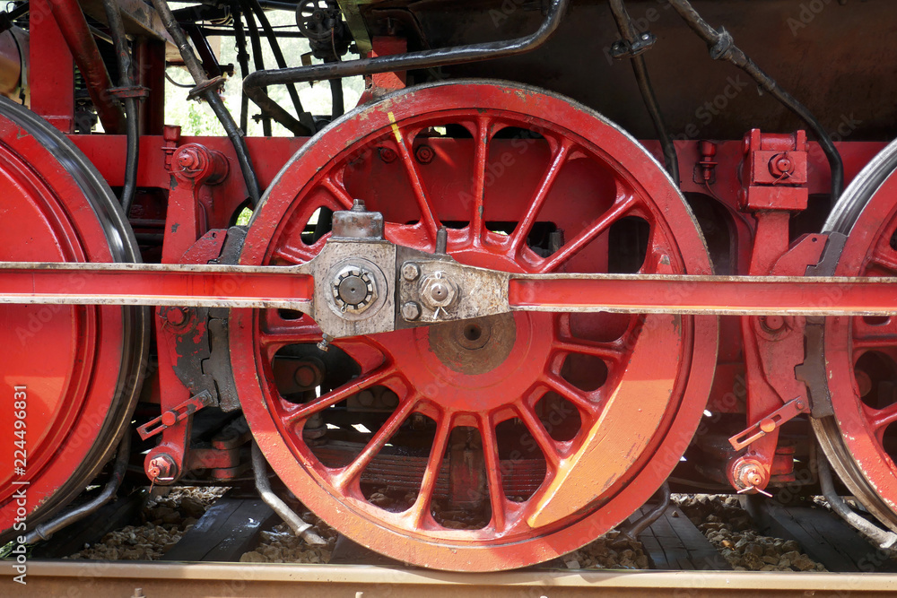 Steam locomotive detail with cranks and wheels