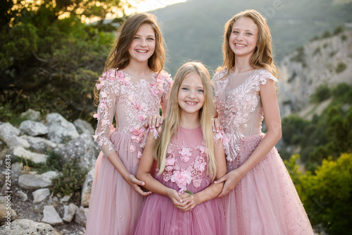 Beautiful girls in amazing dress outdoor. Children bridesmaids