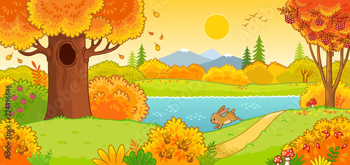 Cute hare running through the autumn forest. Vector illustration with an animal in a cartoon style.