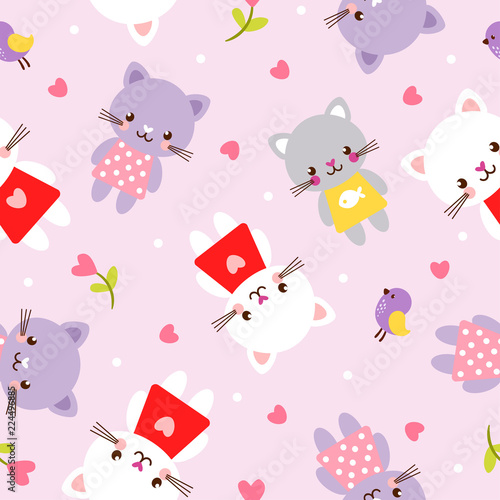 Vector seamless illustration with kittens. Picture in the children's, cartoon style. Pattern with pets