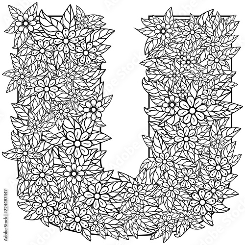 Letter U. Dudling drawing, mandala. Alphabet in the style of dudling, letters of the alphabet. Drawing from the branches of leaves, flowers.