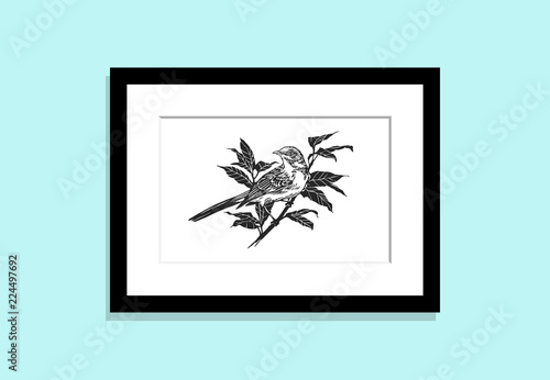Frame on Wall with Picture Bird on Branch. Engraving Linocut Style