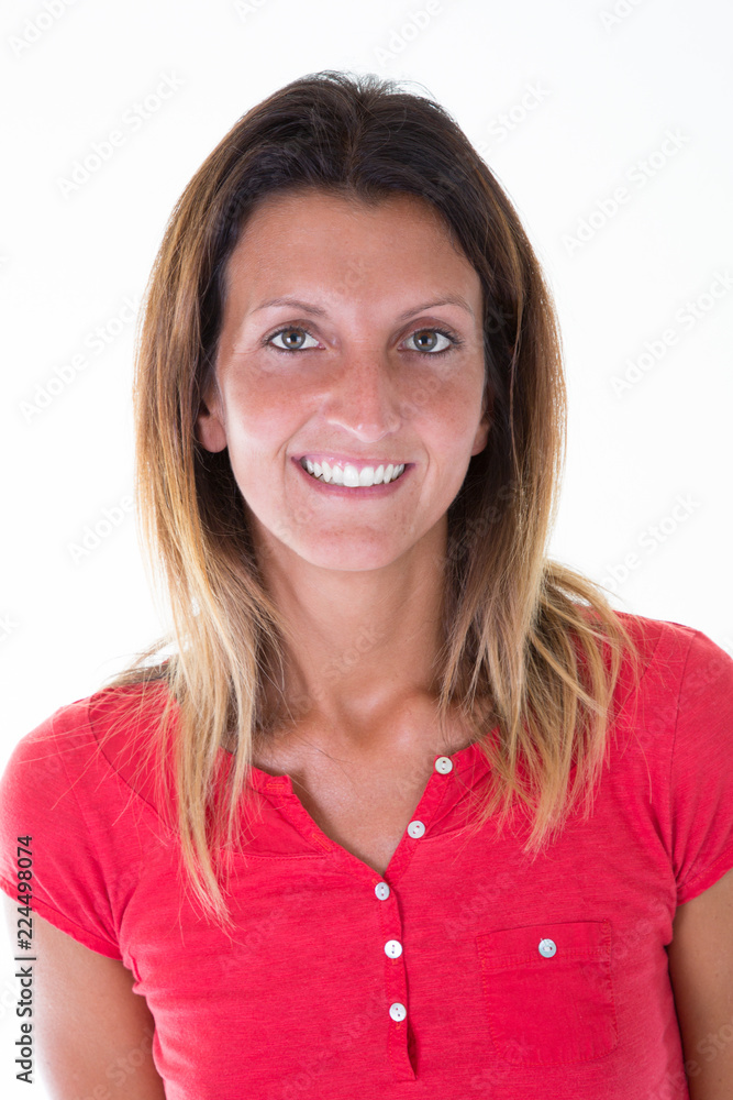 Portrait Of A Young Woman in red shirt On White Background Portrait Of A Young Woman in red shirt On White Background