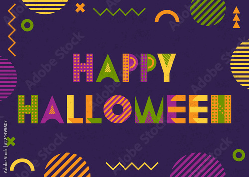 HAPPY HALLOWEEN. Trendy geometric font in memphis style of 80s-90s. Inscription and abstract geometric figures on violet background 
