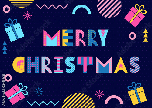Merry Christmas. Trendy geometric font in memphis style of 80s-90s. Text, gifts and abstract colored shapes on dark blue background