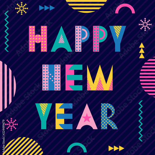 Stylish greeting card. Happy New Year. Trendy geometric font in memphis style of 80s-90s. Inscription and abstract geometric figures on striped dark blue background