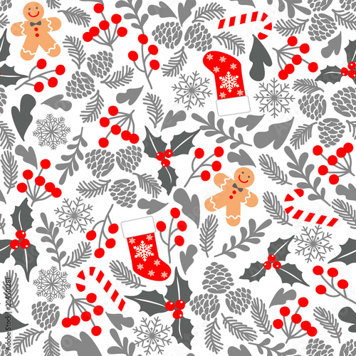 Winter seamless vector pattern with holly berries, candy, gingerbread Man, christmas socks. Part of Christmas backgrounds collection. Can be used for wallpaper, pattern fills, surface textures, fabric