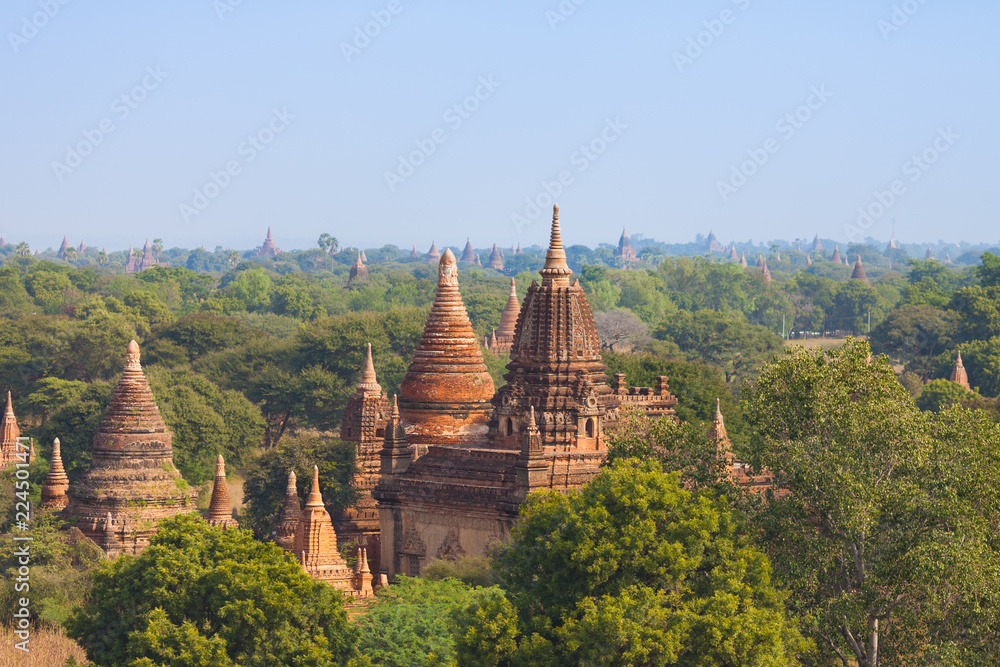 View of landscape with many Ancient Buddhist Temples of Old Bagan at archaeological zone in Myanmar.