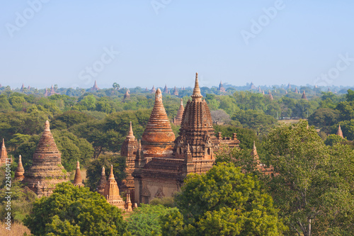 View of landscape with many Ancient Buddhist Temples of Old Bagan at archaeological zone in Myanmar.
