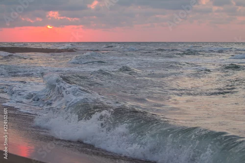 Obraz morze, fala, zachód słońca