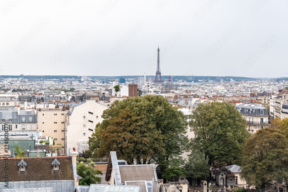 Paris, aerial panorama from Montmartre, the cemetery and the Eiffel Tower in background