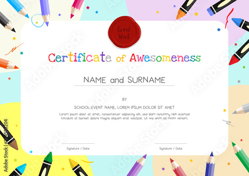 Kids Diploma or certificate template with painting stuff border