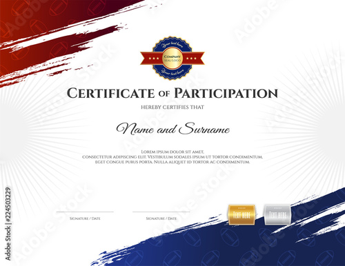 Certificate template in rugby sport theme with border frame, Diploma design