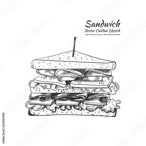 Vector Outline Drawing, a Sandwich with a Toothpick Isolated on White Background, Illustration.