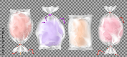 Vector 3d realistic cotton candy on wooden sticks in plastic packaging with bright ribbons. Delicious summer food in transparent bags. Tasty confectionery, fluffy cloud sweetness in pink, beige colors