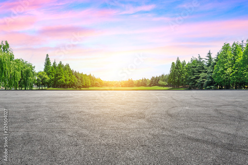 Empty asphalt road and green woods at sunset