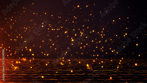 Falling golden particles bounce on dark orange background. Bright glowing particle rain with Depth of Field blur. Abstract 3D illustration glamour fashion concept with bokeh. 4K, 30 FPS.