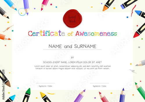 Kids Diploma or certificate template with painting stuff border