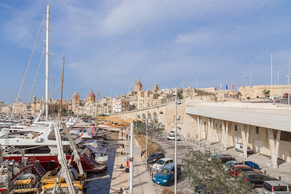 Birgu, Malta. Yacht port of Vittoriosa in the background of the city