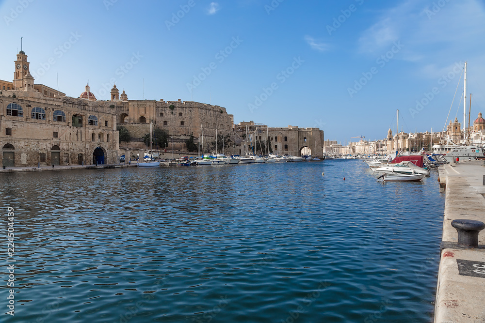 Birgu, Malta. Picturesque view of the bay between Vittoriosa and Senglea