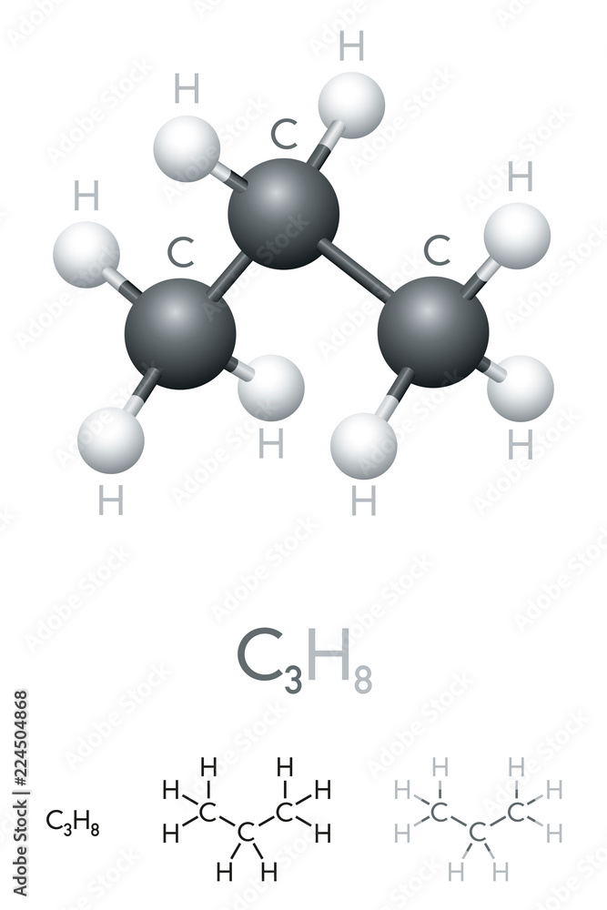 Propane, C3H8, molecule model and chemical formula. Organic chemical ...