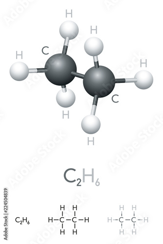 Ethane, C2H6, molecule model and chemical formula. Organic chemical compound. Colorless gas. Ball-and-stick model, geometric structure and structural formula. Illustration on white background. Vector. photo