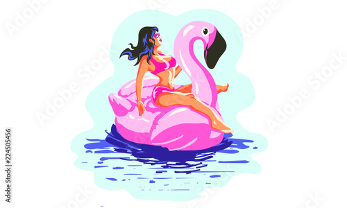 girl in the pool at the pink flamingo, abstract summer time illustration card with girl swimming on pink flamingo float in circle