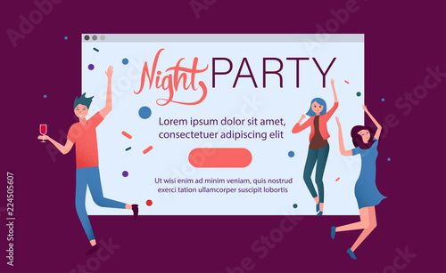 Night party poster or invitation template with happy people.
