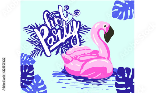 girl in the pool at the pink flamingo, abstract summer time illustration card with girl swimming on pink flamingo float in circle