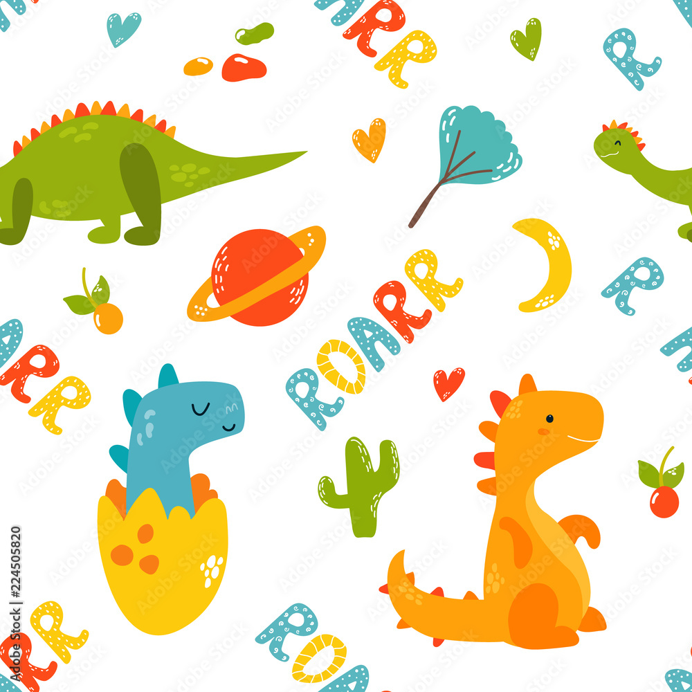 Bright seamless pattern with cute dinosaurs Bright seamless pattern with cute dinosaurs